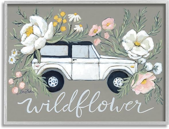 Stupell Industries Wildflower Phrase Floral Car Gray Framed Giclee Art Design by Sara Baker