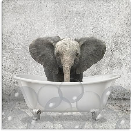 Stupell Industries Baby Elephant Bath Time Cute Animal Design Canvas Wall Art, 17x17, Gray