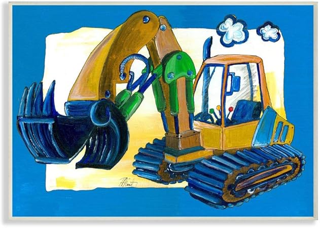 The Kids Room by Stupell Yellow Excavator with Blue Border Stretched Canvas Wall Art, 16 x 20, Multi-Color