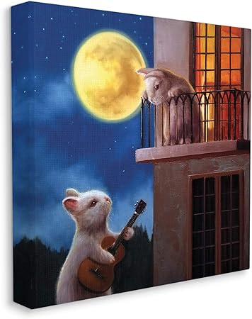 Stupell Industries Rabbit Serenading Bunny on Balcony Night Sky Canvas Wall Art, 17 x 17, Blue