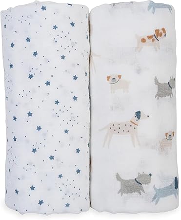 Lulujo Baby Swaddle Blankets | Unisex Softest Breathable Cotton Muslin Swaddle Blanket Set | Neutral Receiving Blanket for Girls & Boys | 40in x 40in | Puppy Dogs & Stars | 2-Count