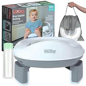 Nuby On-The-Go Portable Potty Seat - Travel Toilet Seat for Boys and Girls 18+ Months - Includes Storage Bag and Disposable Potty Liners - Toddler Travel Essentials - Toddler Potty Training Toilet