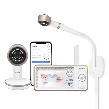 VTech V-Care VC2105 1080p FHD Over-The Crib Mount Smart Baby Monitor 5” 720p LCD Screen,Table Stand,Remote Access,Versatile Placement,Intelligence Detection, Sleep Analysis,24 hrs Recording,with WiFi