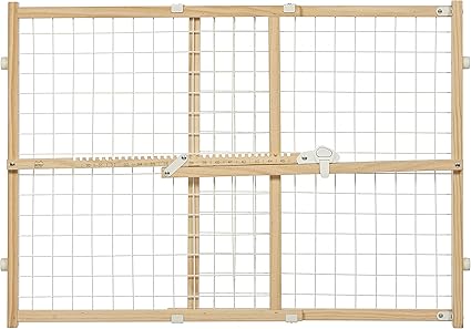 MidWest Homes for Pets Wire Mesh Pet Safety Gate, Pressure Mounted Dog Gate Measures 24 Inches Tall & Expands to 27-41.5 Inches Wide, Natural Wood & White Powder Coated Wire Mesh