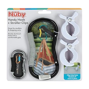 Nuby Handy Hook Stroller Organizer Set| 4 Pack | for Shopping Bags, Diaper Bags, Keys, Toys | 1 Large Carabiner Hook, 1 Small Carabiner Hook and 2 Stroller Clips