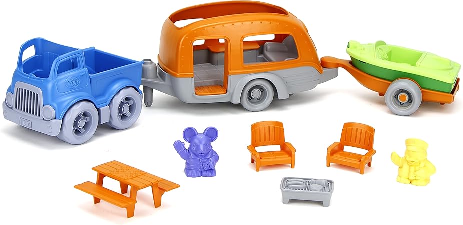 Green Toys RV Camper Set, Blue/Orange - 10 Piece Pretend Play, Motor Skills, Kids Toy Vehicle Playset. No BPA, phthalates, PVC. Dishwasher Safe, Recycled Plastic, Made in USA.